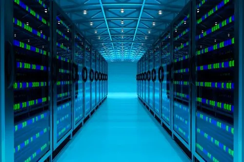 Modern Data Center with Rows of Servers and Network Cables